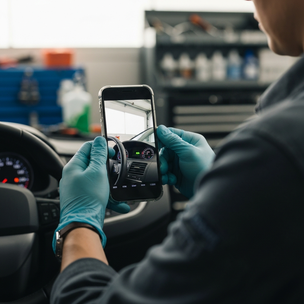 A well-lit garage. A person wearing nitrile gloves uses a smartphone to record a short video of their car's dashboard with the check engine light illuminated. Soft bokeh in the background shows organized tools and equipment.