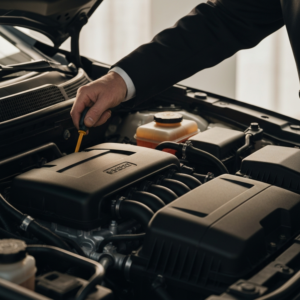 Close-up of a person checking the engine oil level using the dipstick. The engine bay is clean and organized. Golden hour lighting highlighting the texture of the metal components.