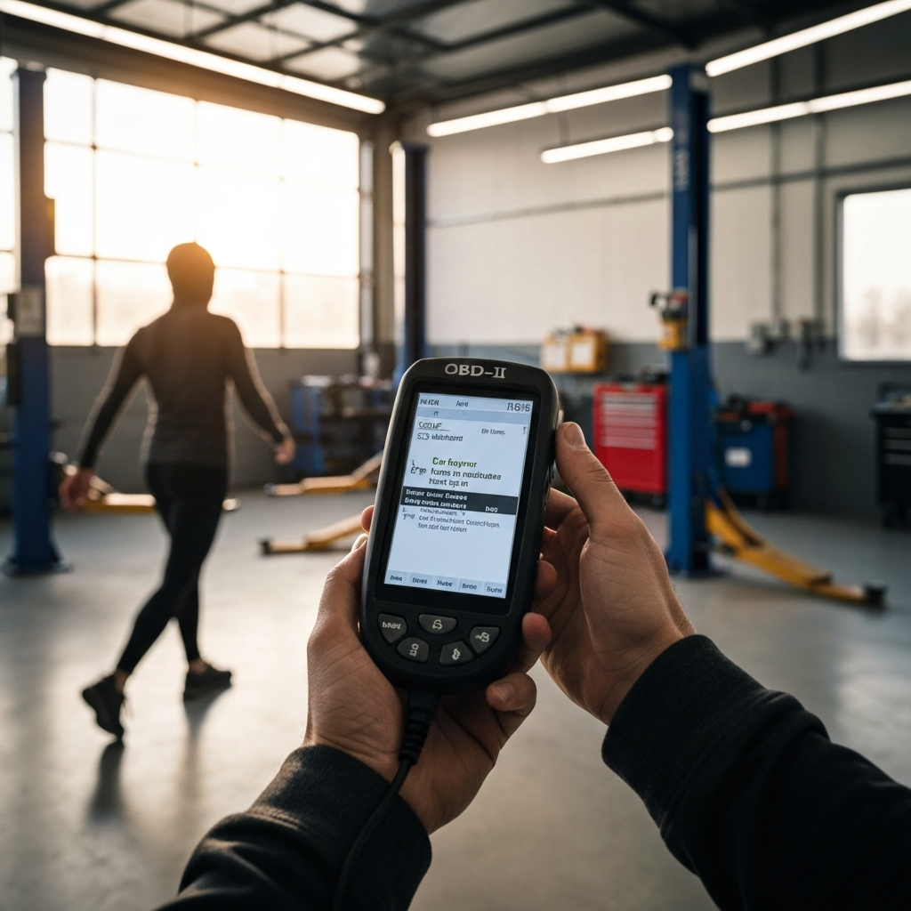 A mechanic holding an OBD-II scanner, displaying error codes on the screen. The background shows a clean, professional garage with diagnostic equipment and a car lift. Soft, diffused lighting.