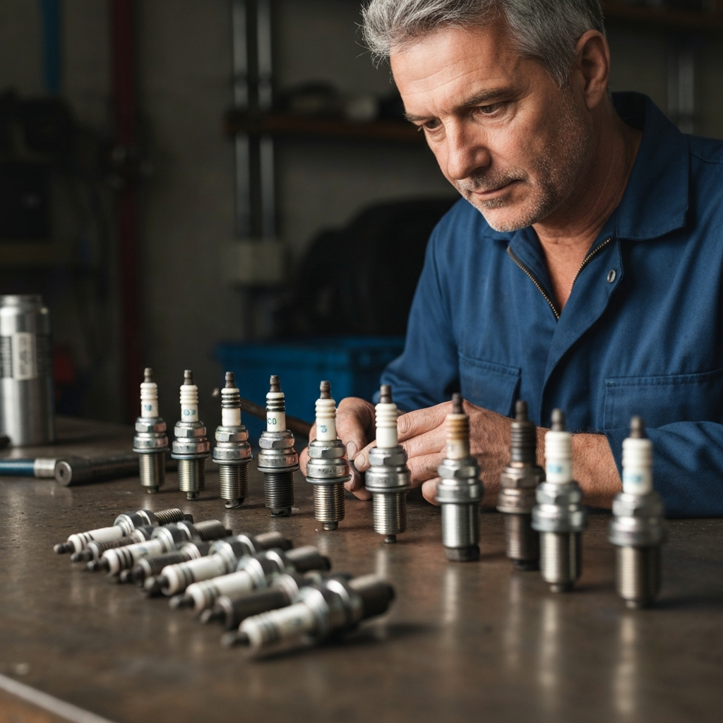 A person inspecting spark plugs, laid out neatly on a workbench. The spark plugs show varying degrees of wear. Side-lit textures enhance the details of the spark plugs.