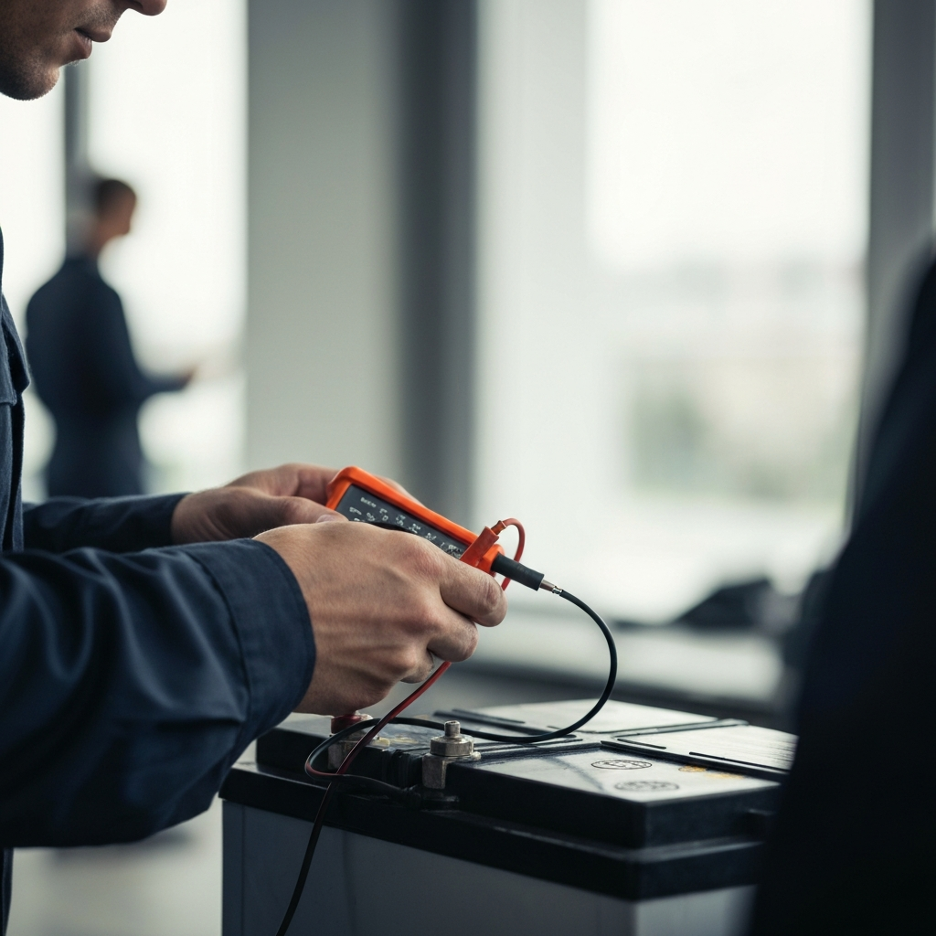 A mechanic using a multimeter to test the voltage of a car battery. The leads are connected precisely to the terminals. The background is slightly blurred, showing a professional workshop setting.