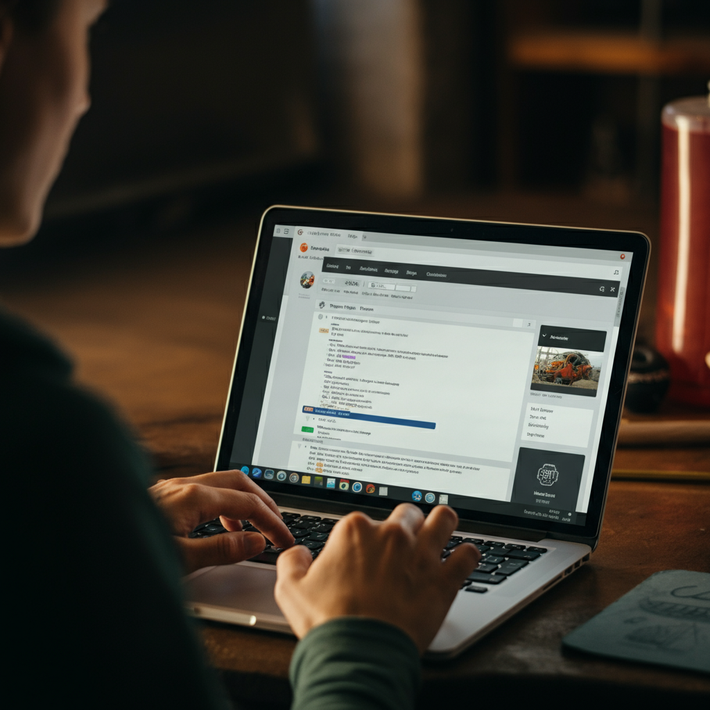 A person looking at a laptop screen, browsing an automotive repair forum. The forum page shows a detailed thread with various user comments and troubleshooting steps. Soft, ambient lighting.