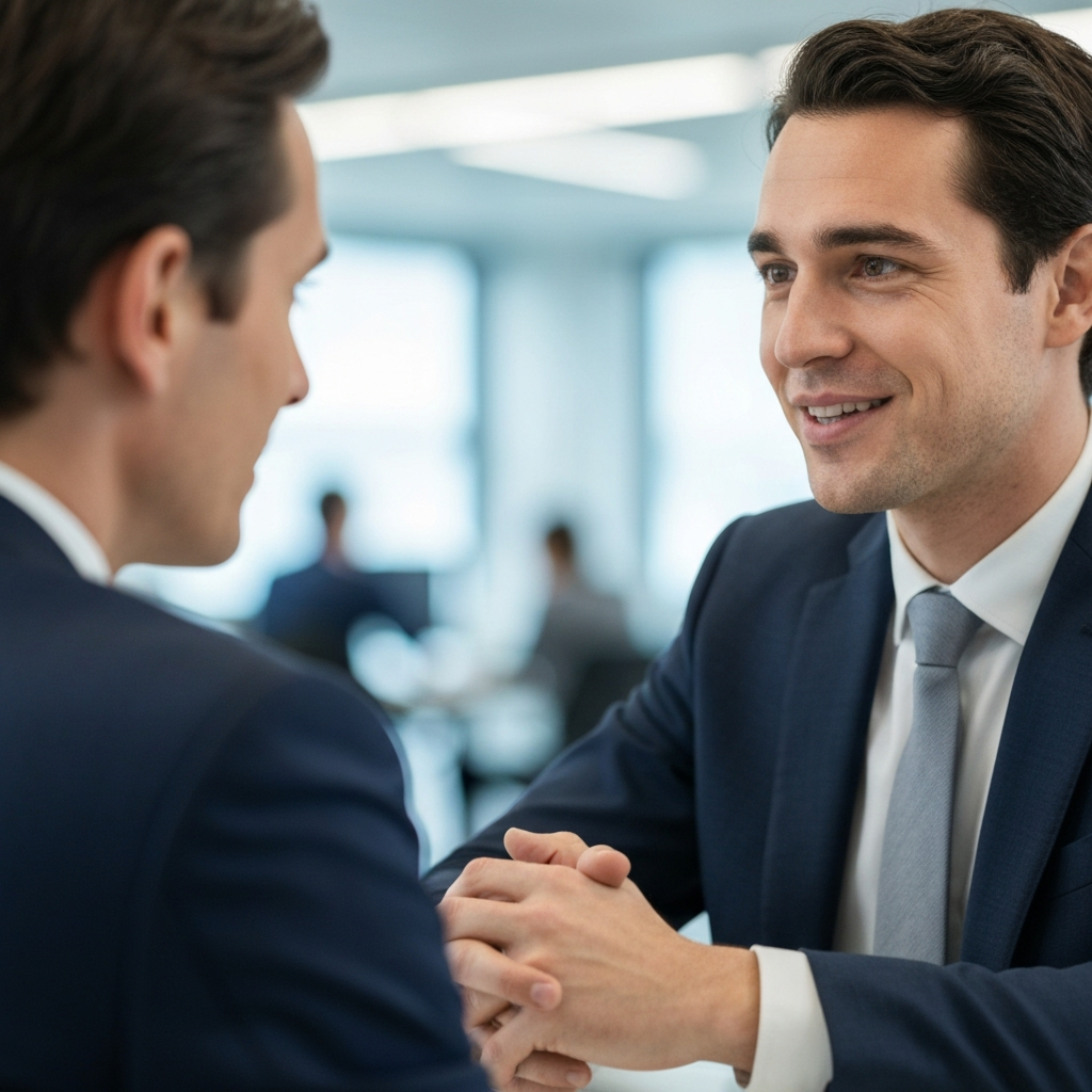 A close-up of two professionals engaged in a conversation. One is actively listening, leaning slightly forward with focused eye contact and a slight smile. Soft bokeh in the background suggests a busy office environment. The listener has their hands clasped loosely in front of them.