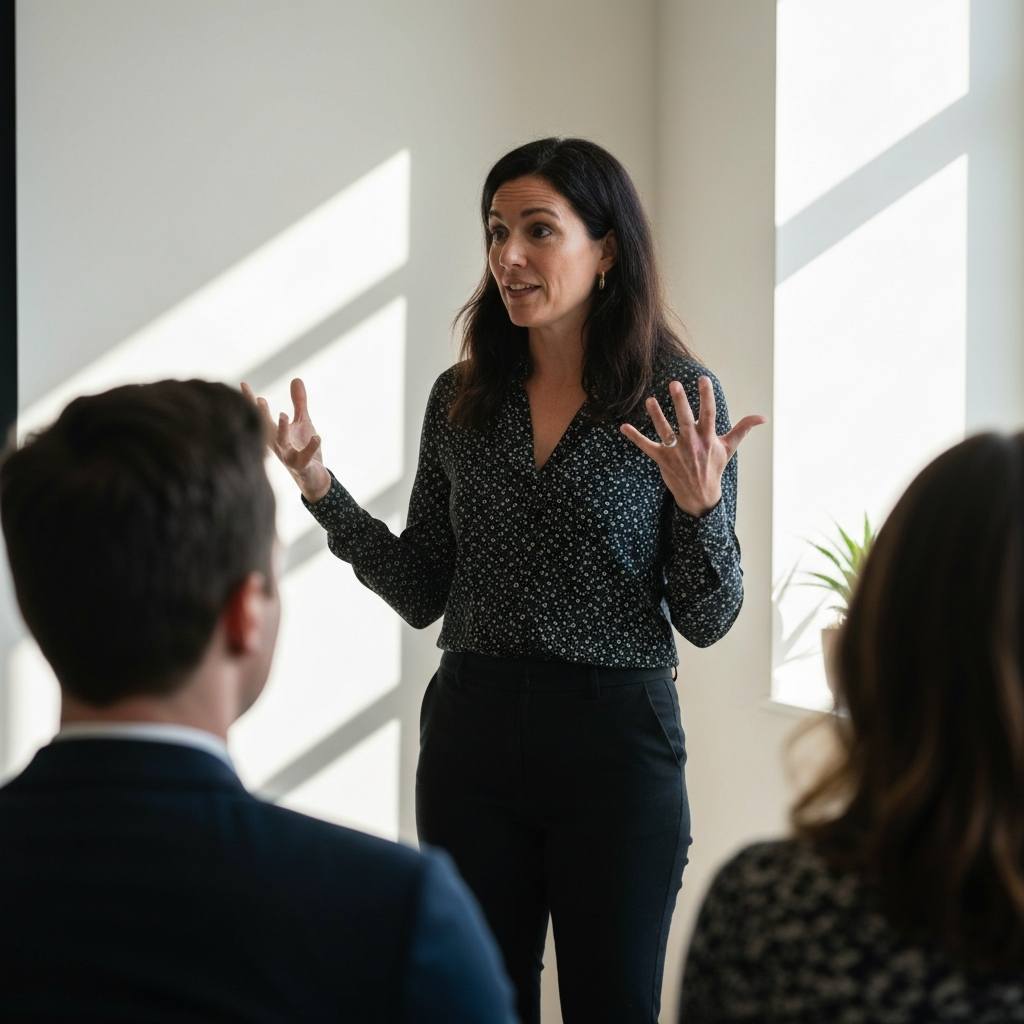A medium shot of a woman presenting to a small group. She is gesturing confidently with her hands, her facial expression is engaging, and she is making eye contact with a member of the audience. Natural light from a window creates soft shadows and highlights the textures of her clothing.