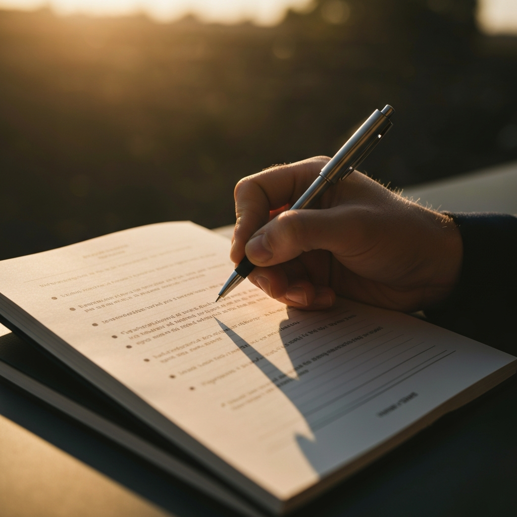 A close-up of a hand holding a pen, writing on a notepad. The notepad is open to a page with bullet points and short, concise sentences. The light is focused on the hand and the notepad, creating a sense of concentration and precision.