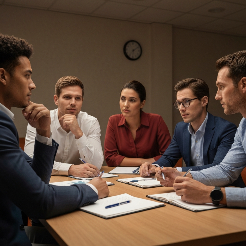 A diverse group of people sitting around a conference table, engaged in a discussion. The lighting is warm and inviting, and the atmosphere is collaborative. The individuals are dressed in business casual attire, and their expressions are thoughtful and engaged.