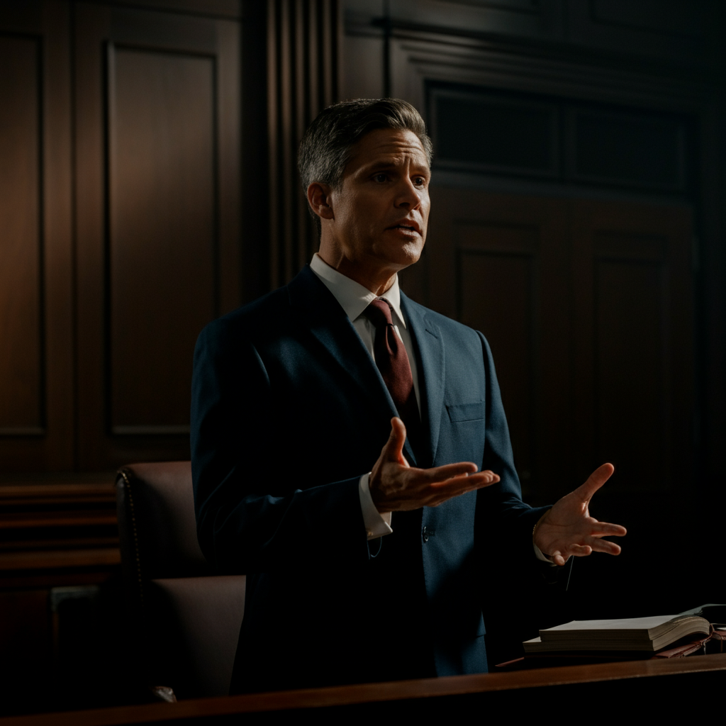 A medium shot of a lawyer in a courtroom, presenting a case to a jury. The lighting is dramatic, highlighting the lawyer's face and gestures. The background is slightly blurred, creating a sense of focus and importance.