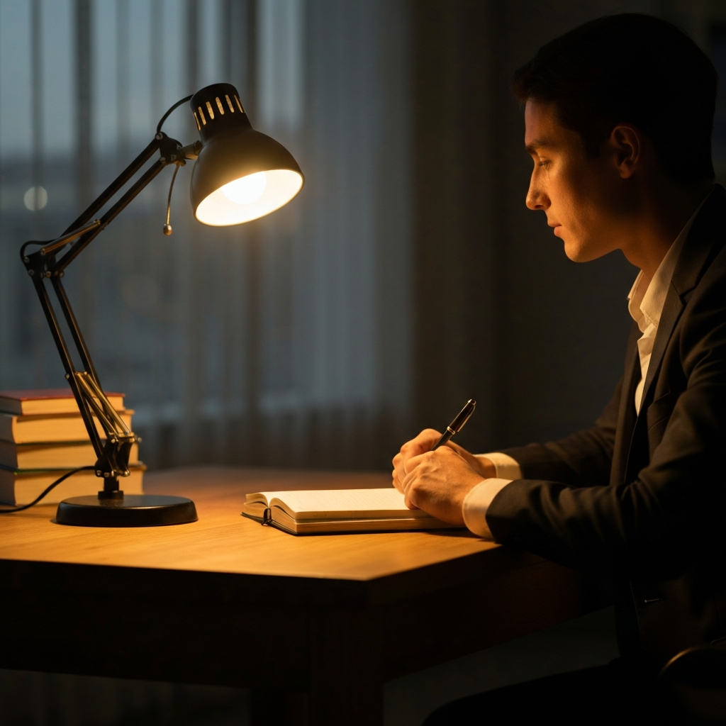 A person sitting at a wooden desk with a journal and pen, illuminated by the warm glow of a desk lamp. Soft bokeh in the background, with a stack of books slightly out of focus.