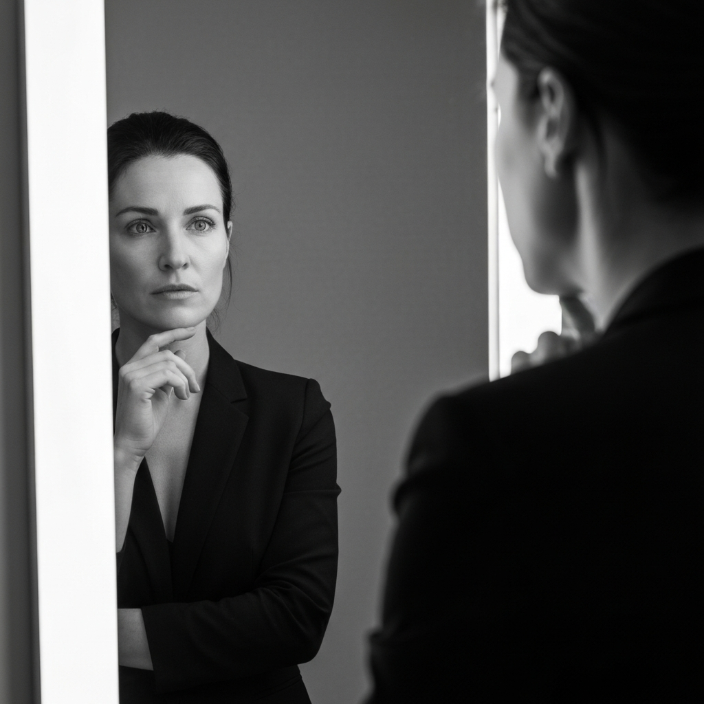 A person standing in front of a mirror, looking at their reflection with a thoughtful expression. The lighting is soft and diffused, highlighting the person's facial features.