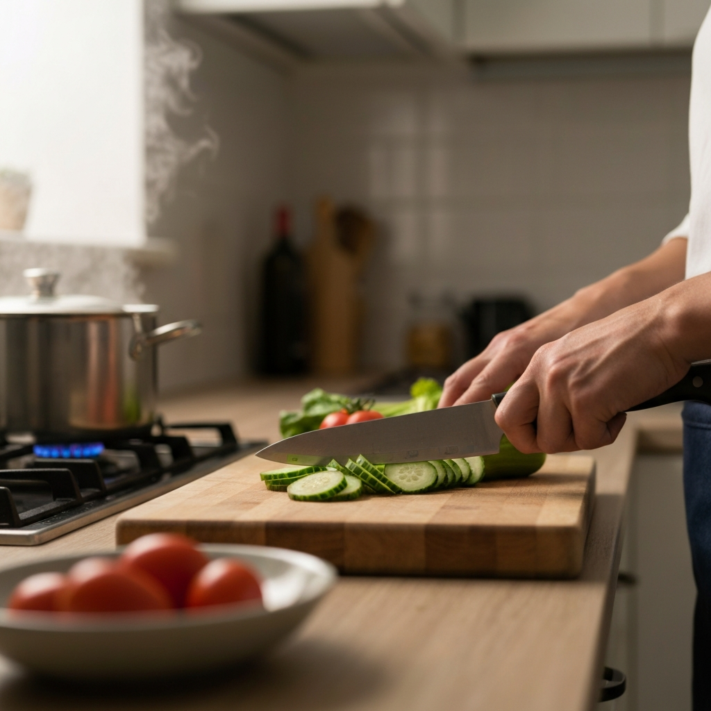 A brightly lit kitchen. Hands are chopping vegetables on a wooden cutting board. The focus is on the texture of the vegetables and the sharpness of the knife. Soft bokeh in the background shows a simmering pot on the stove.