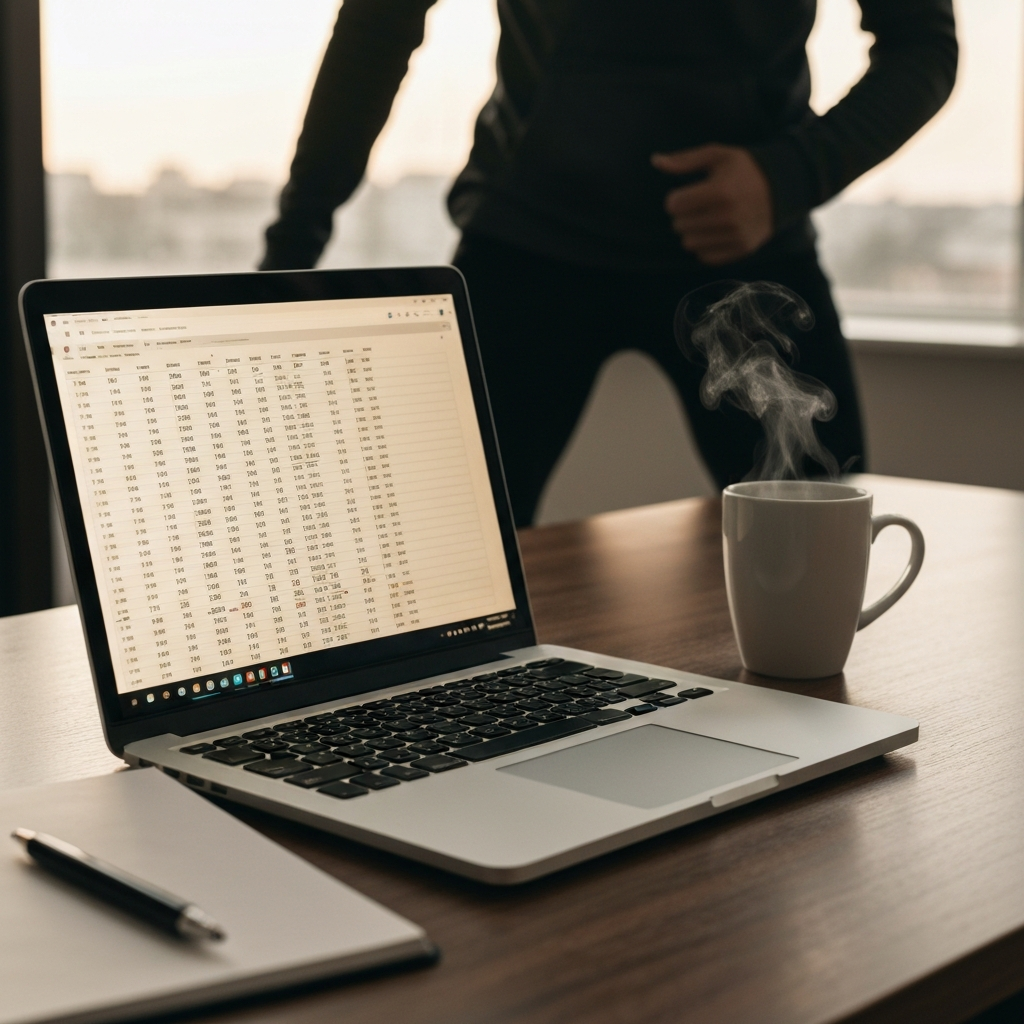 A clean desk with a laptop open, displaying a spreadsheet. A steaming mug of coffee sits nearby. Focus on the glow of the laptop screen and the texture of the desk surface.