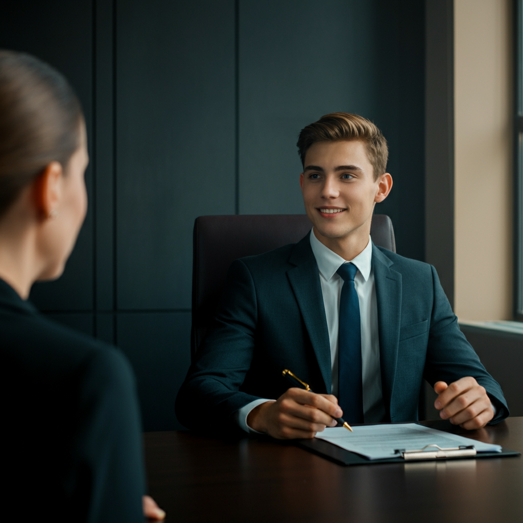 A professional office setting. A young adult sitting across a desk from an interviewer. Focus on the confident posture and genuine smile. Soft, natural lighting from a window.