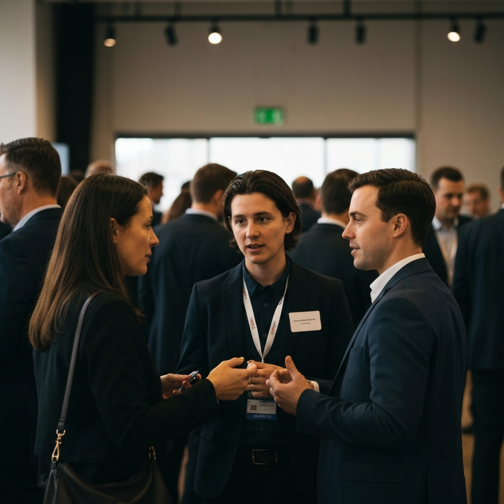 A moderately crowded networking event. Focus on a small group of people engaged in conversation. Natural lighting with slightly warm tones.