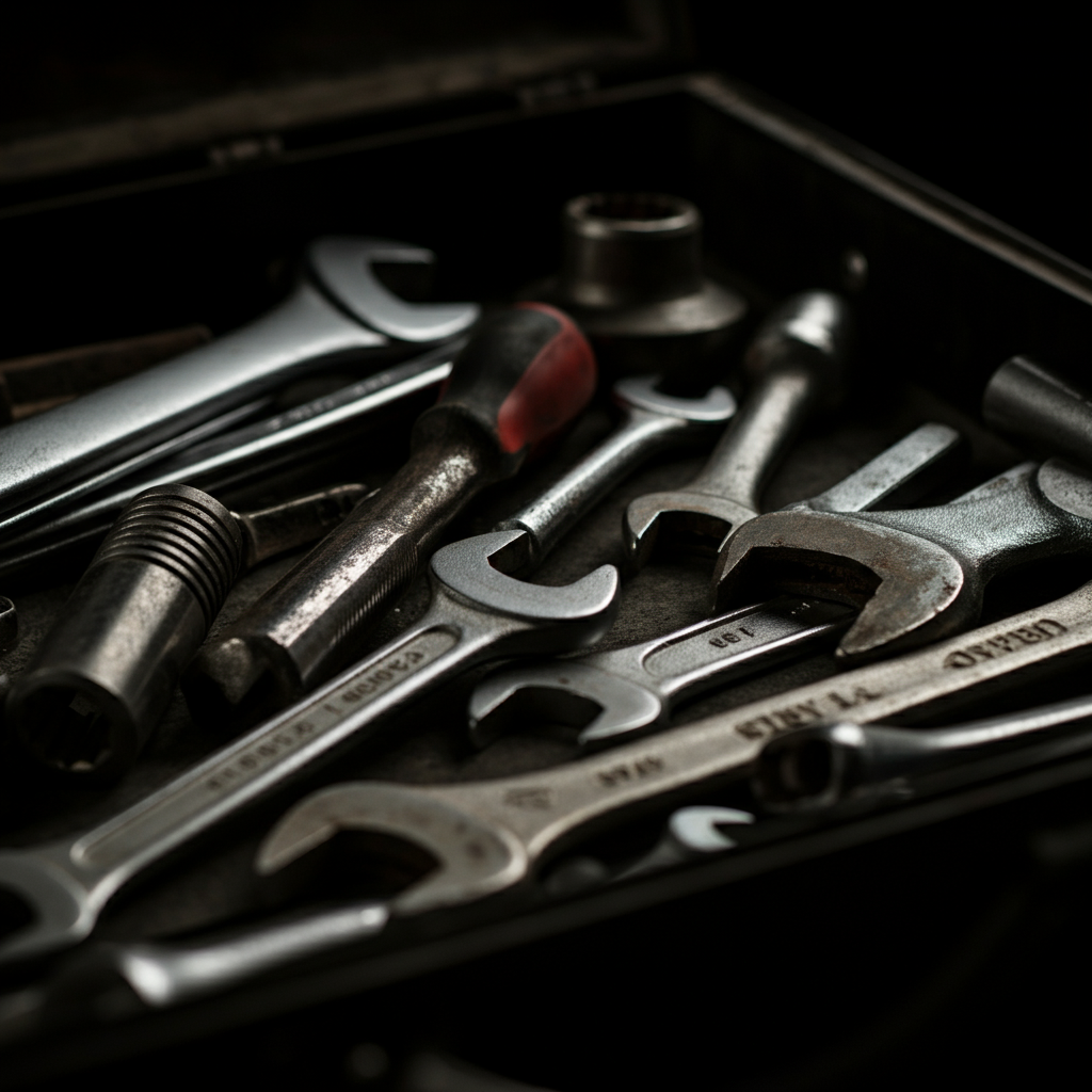 A close-up shot of a toolbox filled with various tools. Focus on the texture of the metal tools and the worn appearance of the toolbox.
