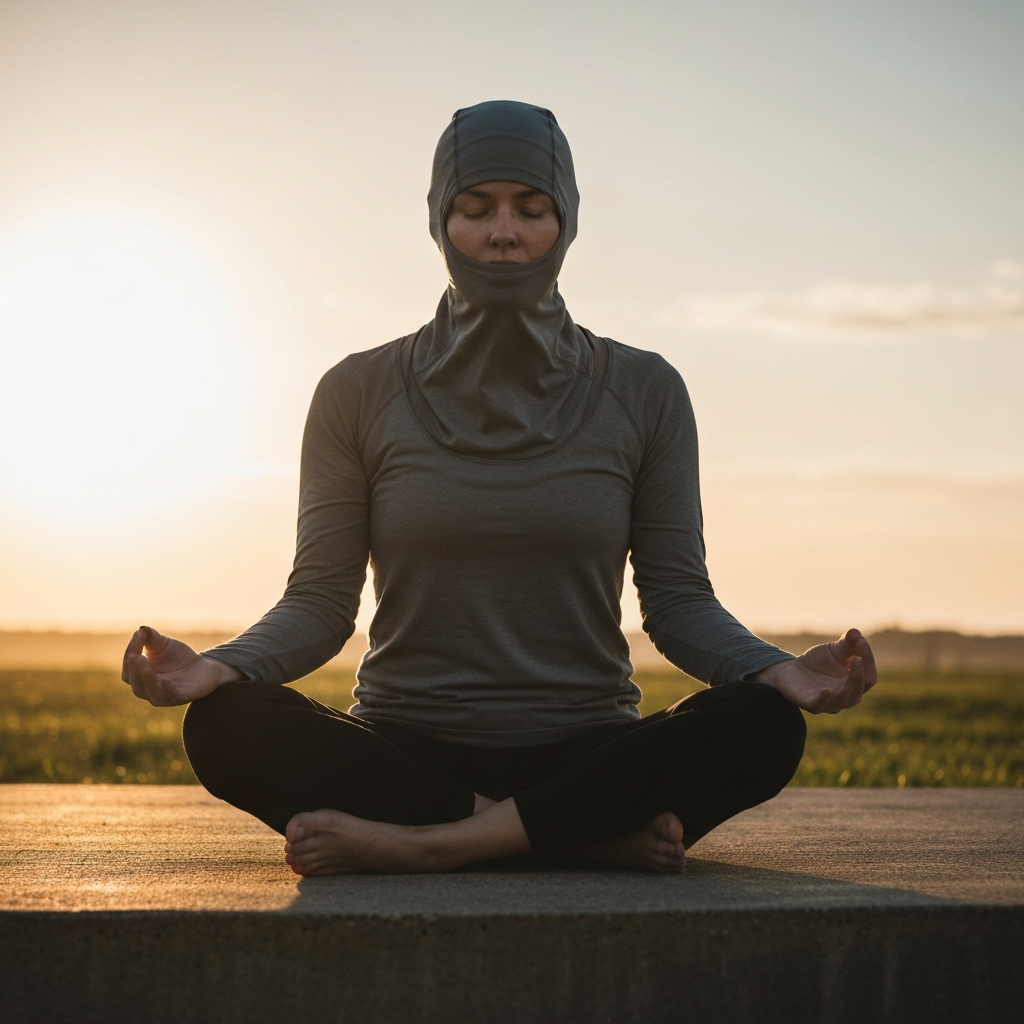 A person meditating in a peaceful outdoor setting. Soft golden hour lighting and shallow depth of field.