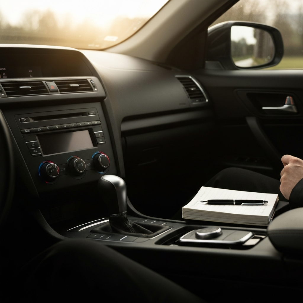 Interior of a car, dashboard in focus, notepad and pen on the passenger seat, sunlight streaming through the windshield creating a soft glare.