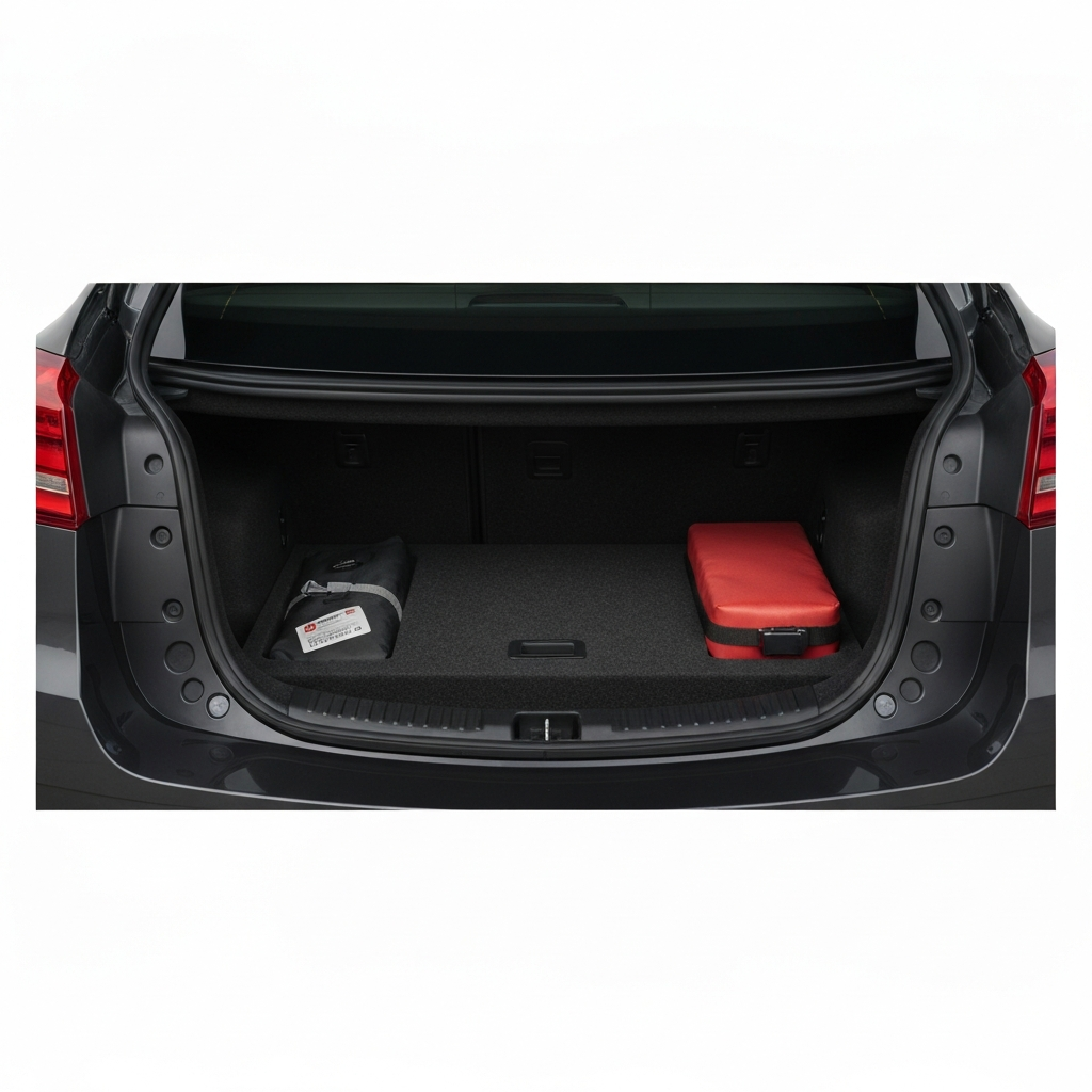 Trunk of a car, spare tire secured in place, emergency kit neatly arranged, soft shadows from overhead lighting.