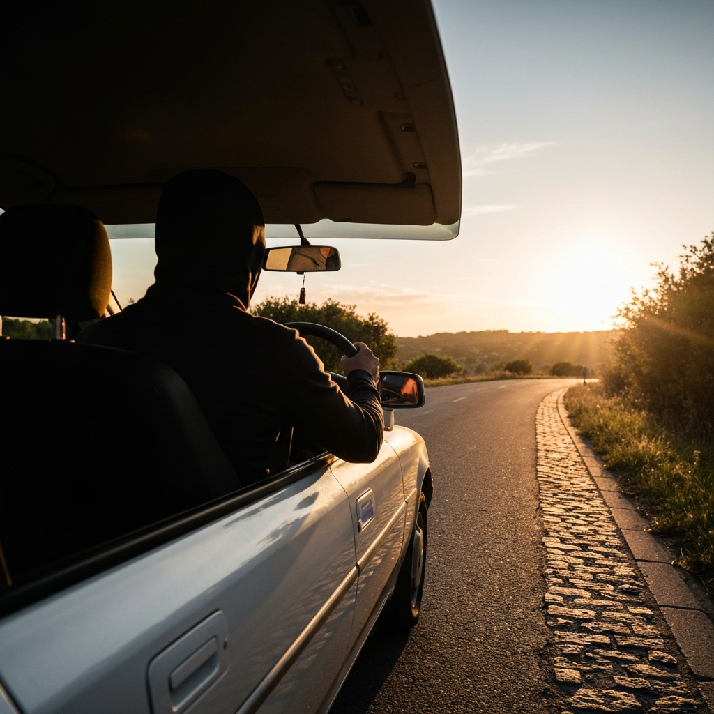 Exterior shot of a car driving on a slightly bumpy road, driver focused on the road ahead, passenger listening intently, golden hour lighting casting long shadows.