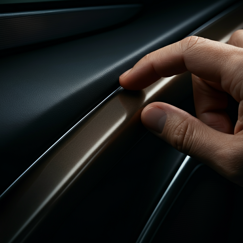 Close-up shot of a car's interior door panel, a hand gently pressing on the panel, focus on the texture of the plastic and the seams where it joins with other panels, soft lighting.