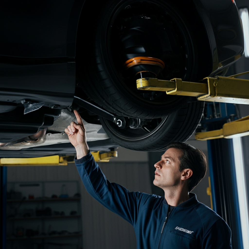 Undercarriage of a car, focus on the suspension components (shocks, struts, sway bar), mechanic pointing to a specific part, professional lighting.