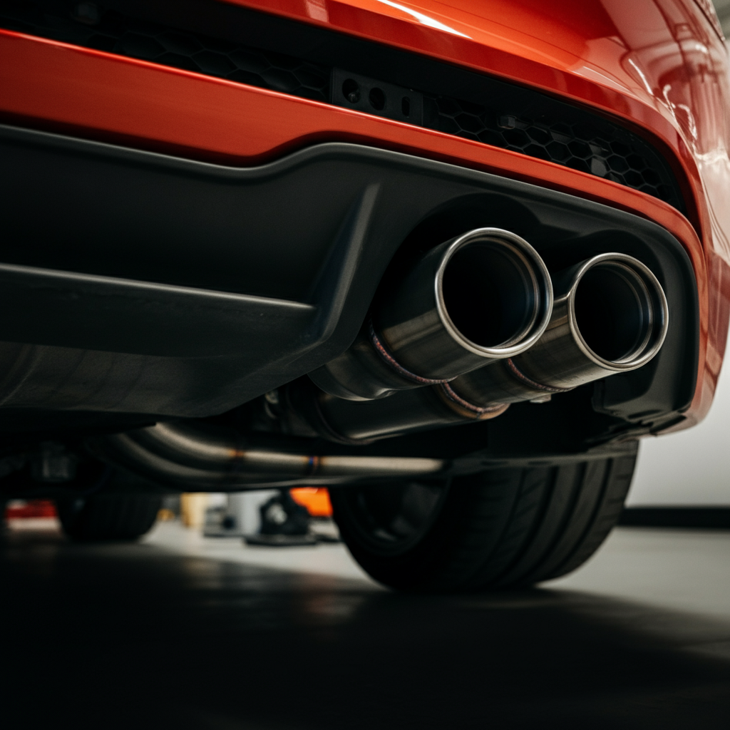 Close-up of a car's exhaust system, focus on the muffler and tailpipe, mechanic inspecting the hangers and brackets, side-lit texture of the metal.