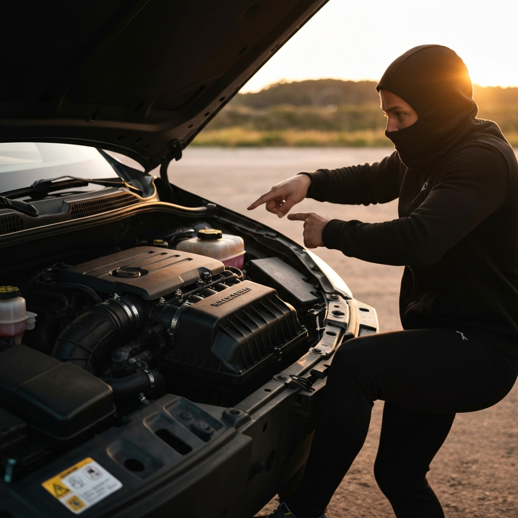 Engine bay of a car, focus on the air intake system, mechanic pointing to a loose hose, professional lighting highlighting the components.