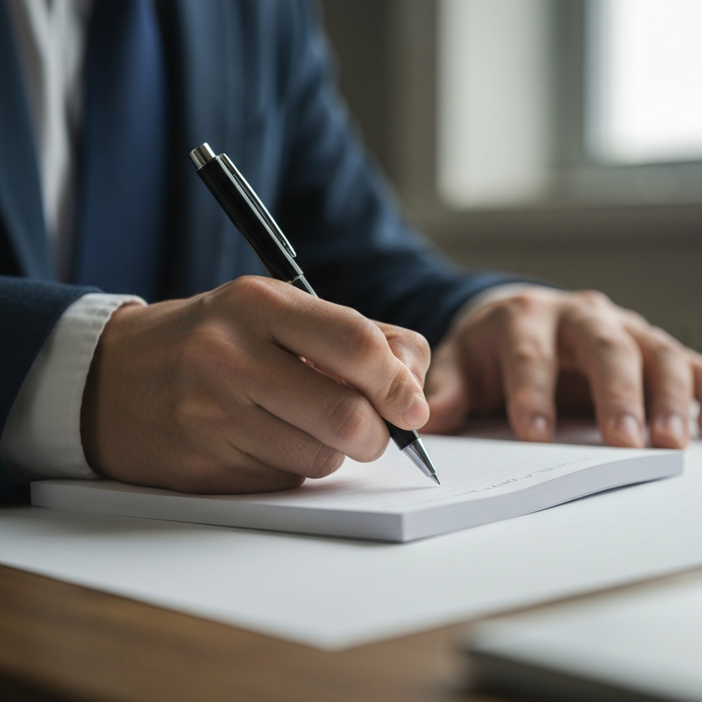 Close-up shot of a person writing notes with a pen on a notepad, soft bokeh in the background highlighting the focus on detailed observation. The light is side-lit, accentuating the texture of the paper.