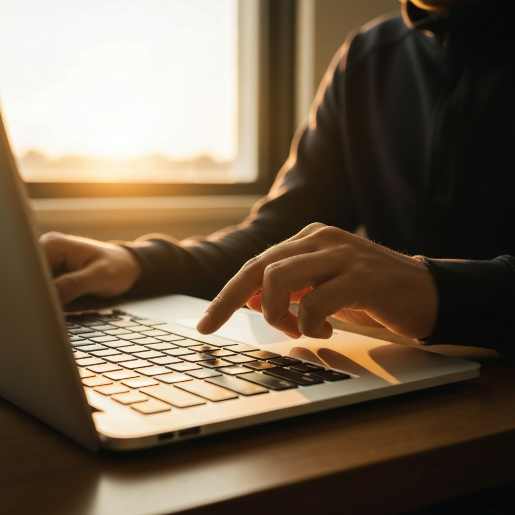 A person presses the power button on a laptop. Golden hour lighting from a nearby window creates a warm glow on the keyboard and surrounding desk. Focus is on the hand and power button.