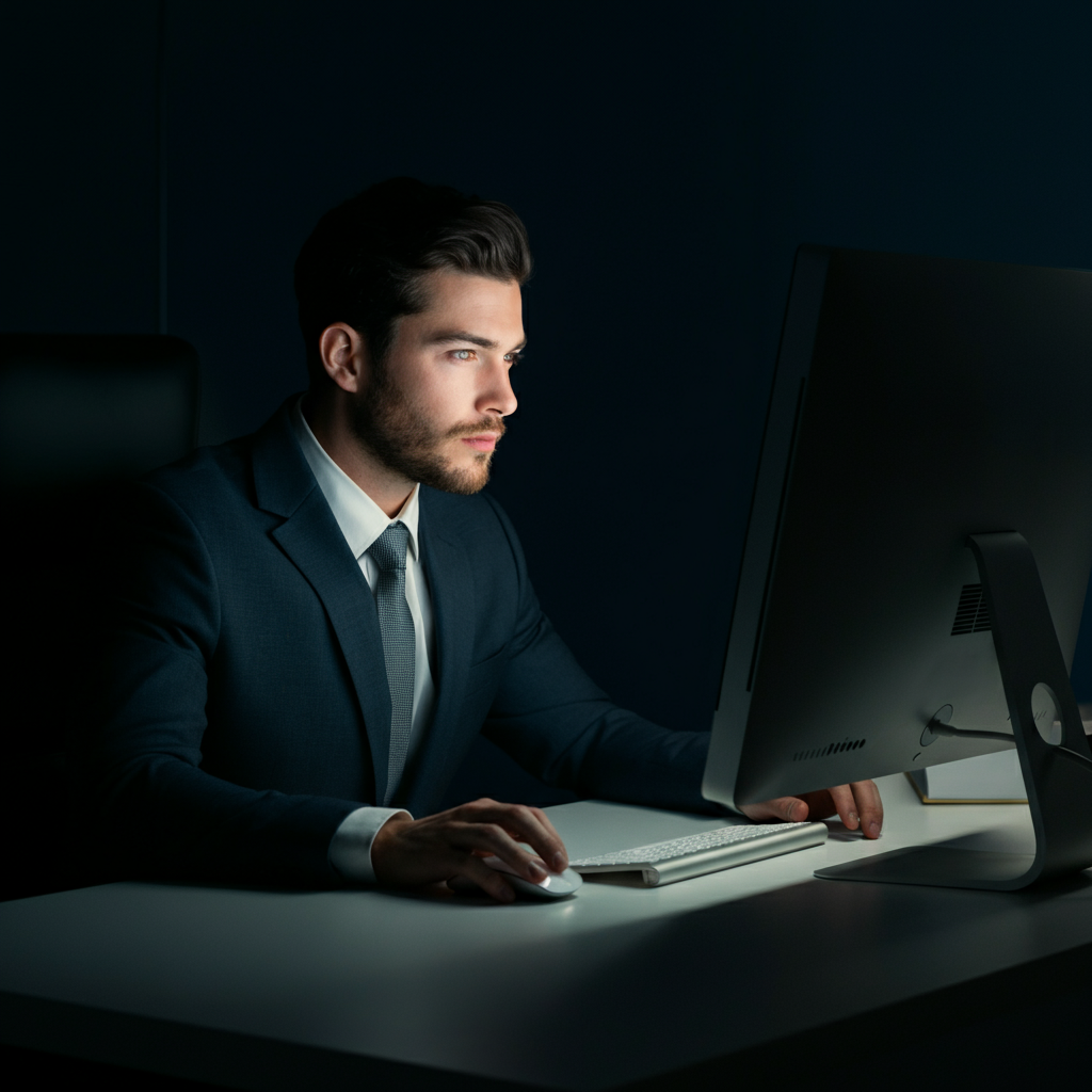 A person sitting at a desk, illuminated by the soft glow of a computer screen, searching for information online. The scene is slightly blurred in the background to draw focus to the screen and the person's expression.