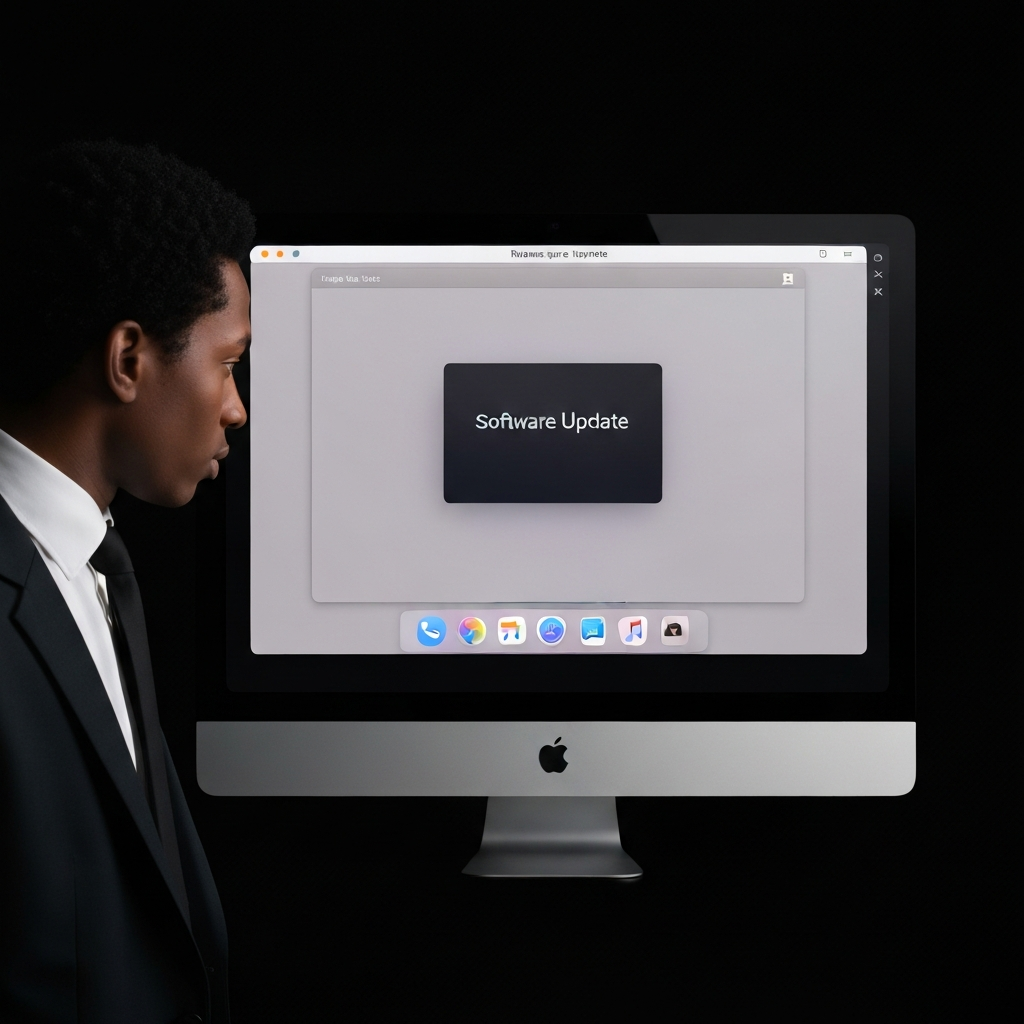 A computer screen showing the "Software Update" window on a macOS system. The lighting is neutral, showcasing the interface. Subtle shadows add depth to the screen.