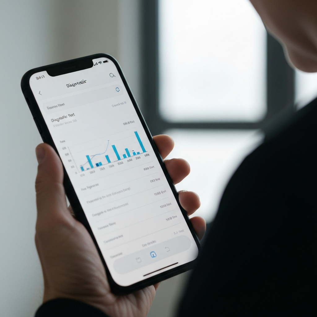 A close-up of a smartphone screen displaying the results of a diagnostic test. The screen is slightly tilted to catch the light, showing the text and graphs clearly. The background is a blurred image of a hand holding the phone.