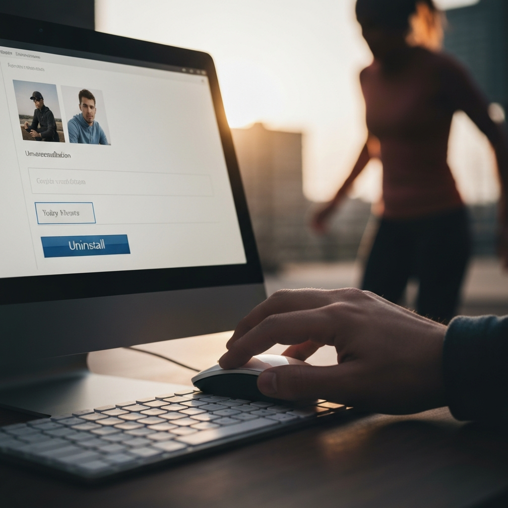 A hand using a mouse to click the "Uninstall" button in a software uninstallation window. Soft lighting emphasizes the computer screen and the hand's interaction with the device.