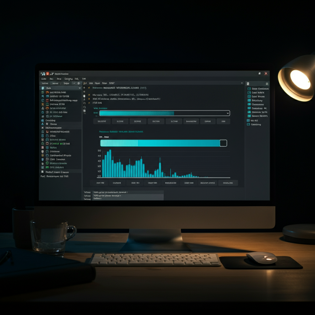 A computer screen showing the results of a malware scan, with a progress bar indicating the scanning process. The scene is professionally lit, with the screen's glow casting a soft light on the surrounding desk.