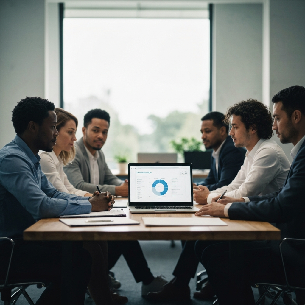 A brightly lit office. A diverse group of people are seated around a large conference table, focused on a laptop screen displaying demographic charts. Soft bokeh blurs the background office setting.