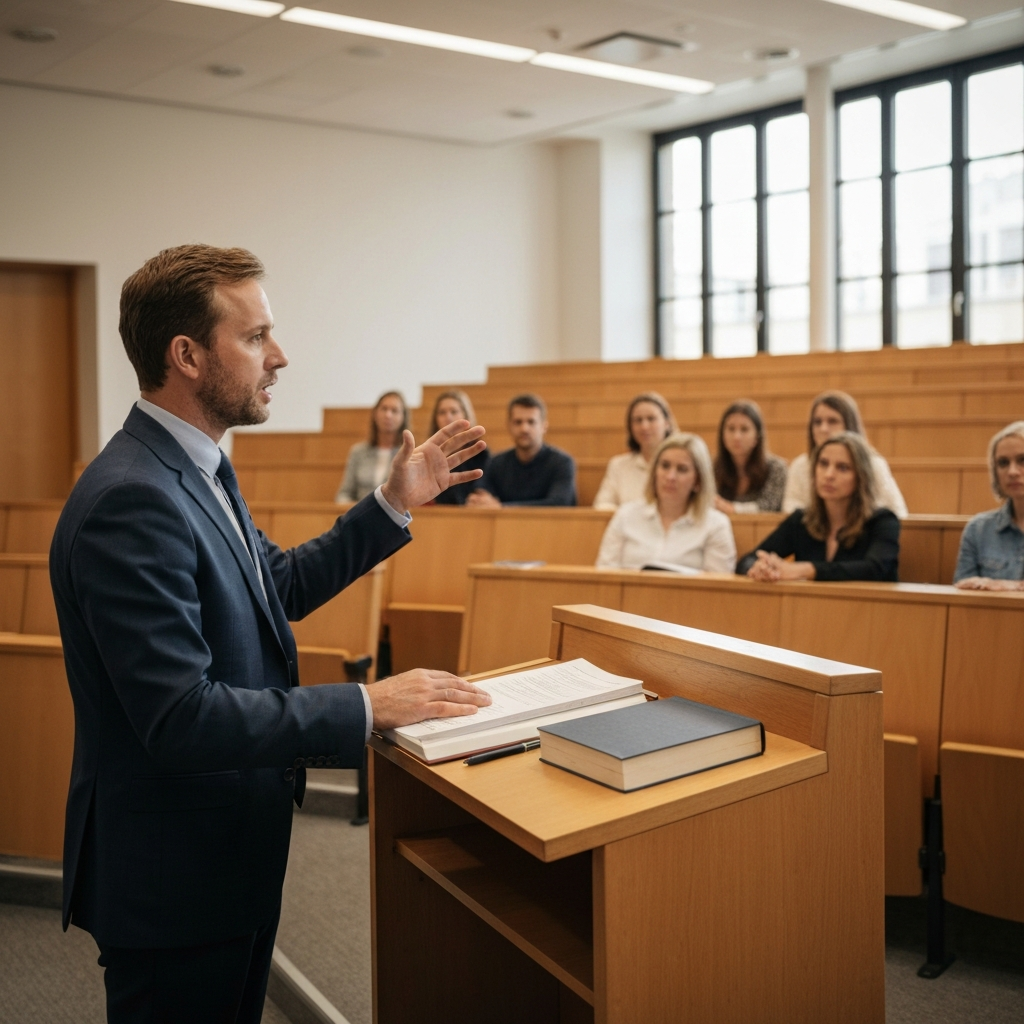 A professor stands in a lecture hall, gesturing expressively while telling a story. The room is softly lit, with warm tones emphasizing the connection between the speaker and the students. Books and papers rest neatly on the lectern.