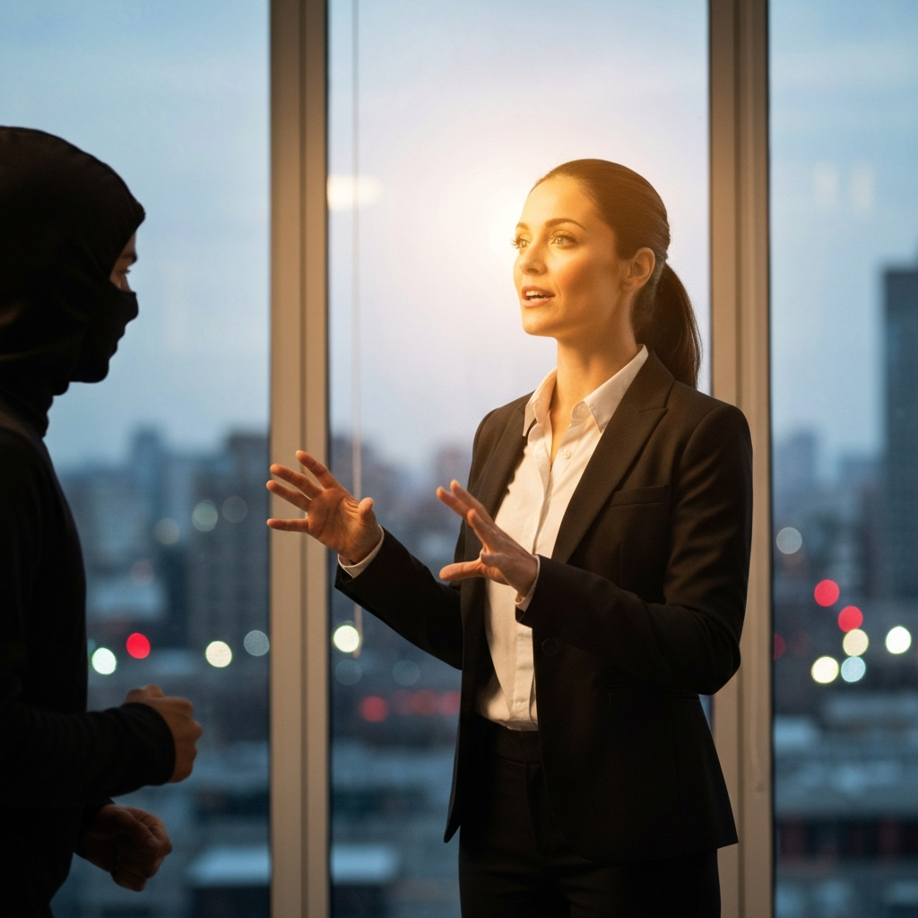 A businesswoman delivers a presentation with confident posture and expressive hand gestures. She is wearing a professional business suit and stands against a backdrop of blurred city lights seen through a large office window. Golden hour lighting illuminates her face.