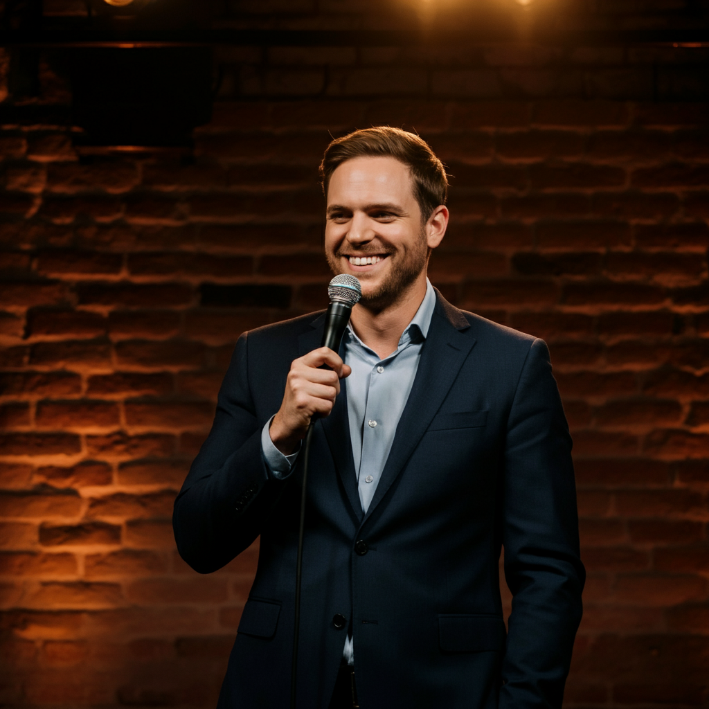 A comedian on stage, bathed in warm spotlight, smiles genuinely at the audience. The brick wall backdrop has soft side-lit textures.