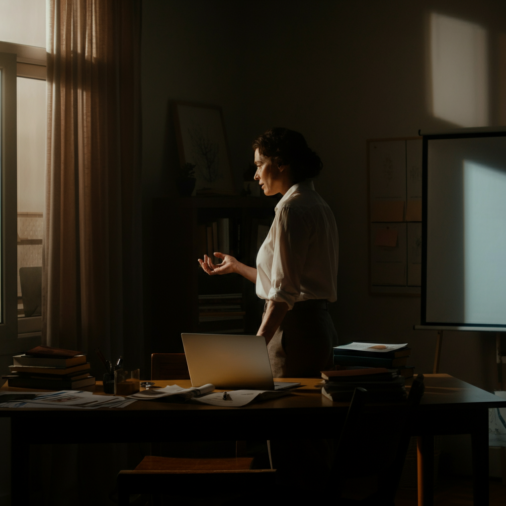 An individual stands in a home office, rehearsing a presentation in front of a laptop. The room is well-organized, with books and documents neatly stacked. Natural light streams through a window.