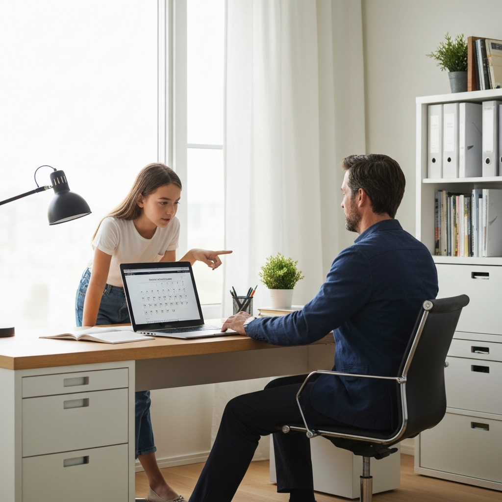 A brightly lit home office. A father sits at a desk with a laptop, reviewing a digital calendar displayed on the screen. His teenage daughter leans over his shoulder, pointing to an entry. The room is organized and features soft natural light.