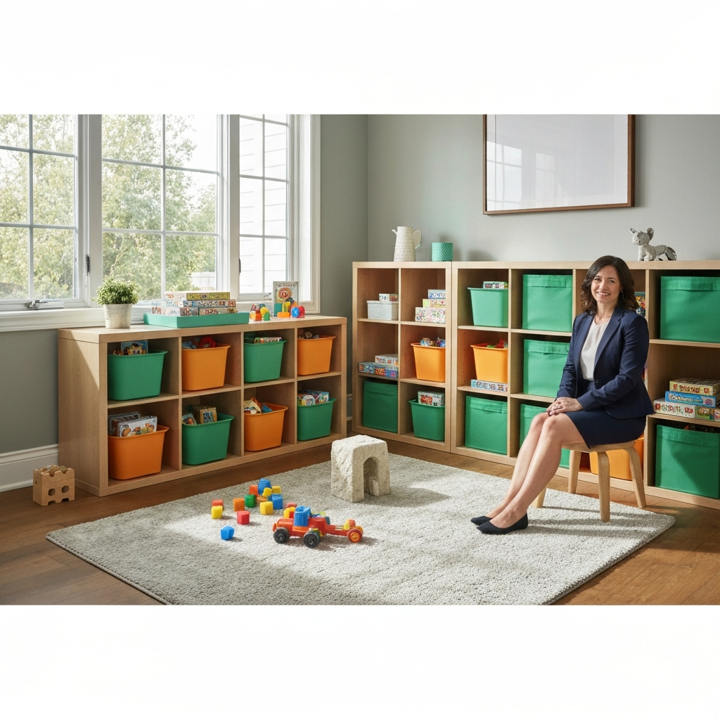A well-organized playroom. Colorful bins and shelves hold toys and games. A soft rug defines the play area, and natural light fills the room. The space feels inviting and conducive to creative play.