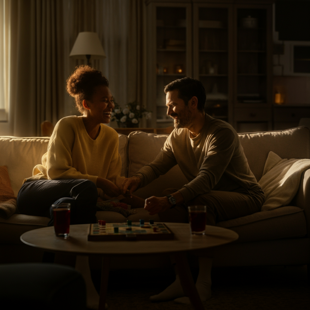 A cozy living room bathed in golden hour lighting. A family is gathered on the sofa, laughing and playing a board game. Soft textures and warm colors create a sense of comfort and connection.