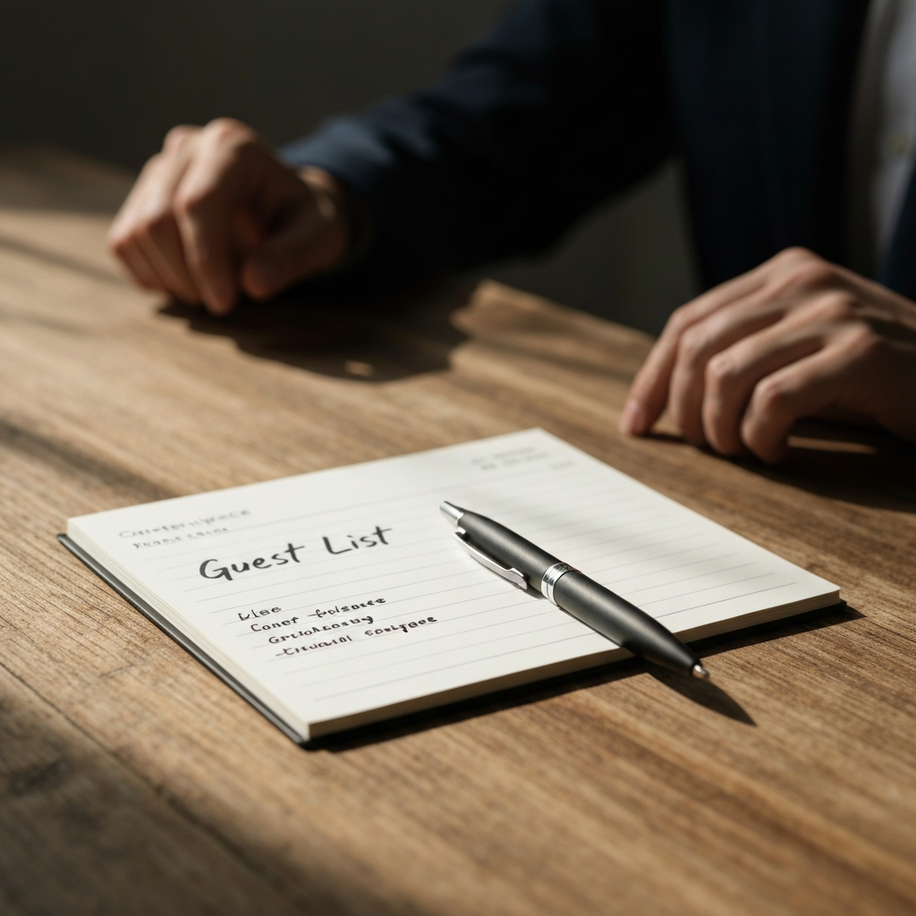 Close-up of a handwritten guest list on a notepad next to a pen, with soft, diffused natural light creating a warm, inviting feel. The notepad rests on a rustic wooden table.