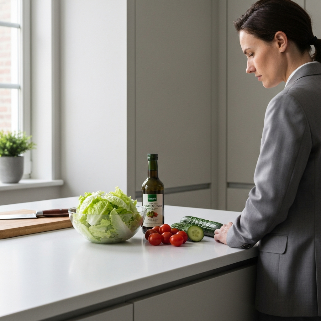 A brightly lit kitchen counter with neatly arranged ingredients for a simple salad: pre-washed lettuce, cherry tomatoes, cucumber, and a bottle of vinaigrette. A wooden cutting board and knife are visible in the background.