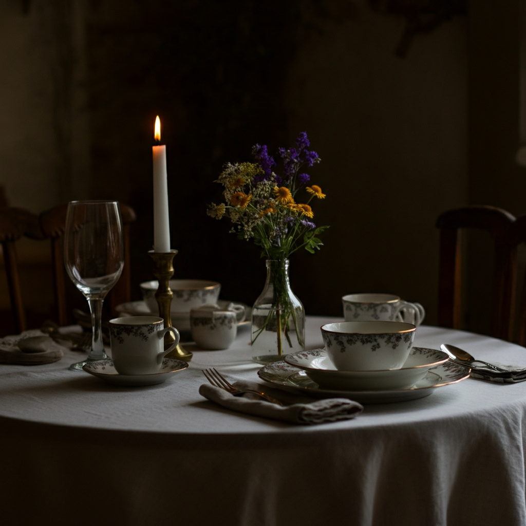 A softly lit dining table with a simple white tablecloth, mismatched but charming dinnerware, a small vase of wildflowers, and flickering candles. Soft bokeh in the background.