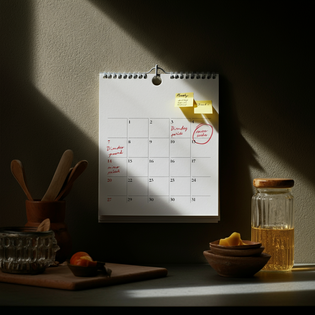 A calendar hanging on a kitchen wall, with a circled date and handwritten notes about dinner party preparation tasks. Natural light streaming through a window highlights the texture of the paper.