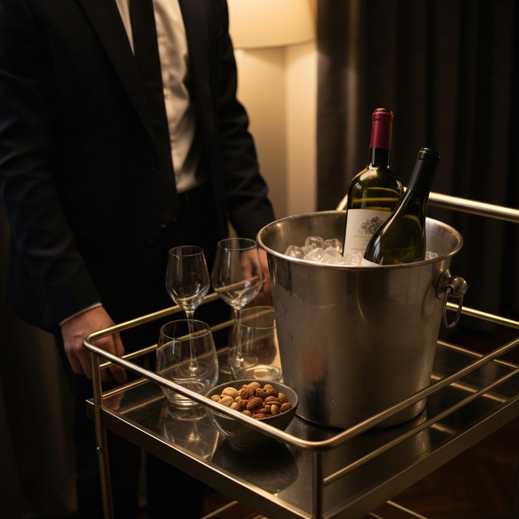 A close-up shot of a bar cart with an ice bucket, a bottle of wine, glasses, and a small bowl of mixed nuts. Soft lighting with a warm, inviting glow.