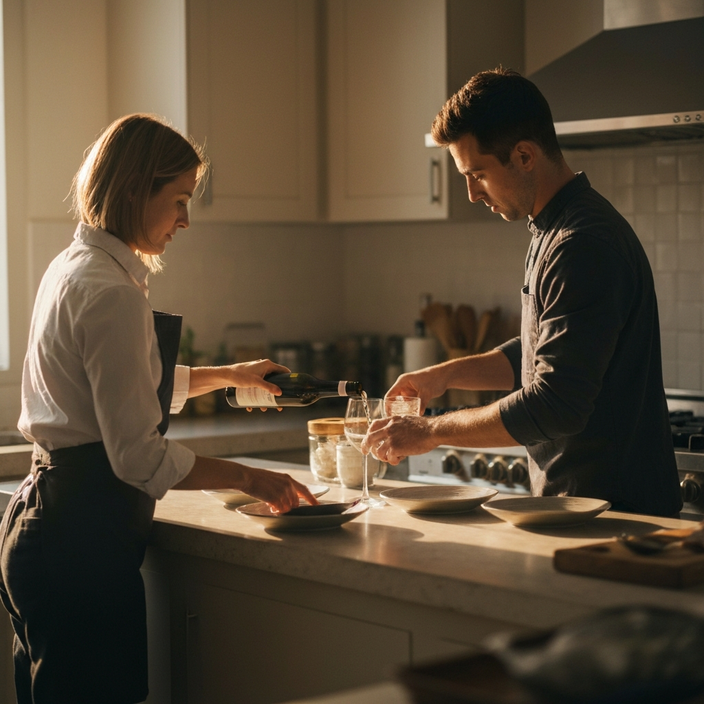 Two people in a kitchen, one pouring wine while the other clears plates from the table. The scene conveys a sense of teamwork and collaboration, with soft, warm lighting.