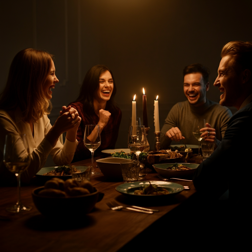 A group of friends laughing and talking around a dining table, with plates of food and glasses of wine visible. The lighting is warm and inviting, capturing the joy and camaraderie of the gathering.