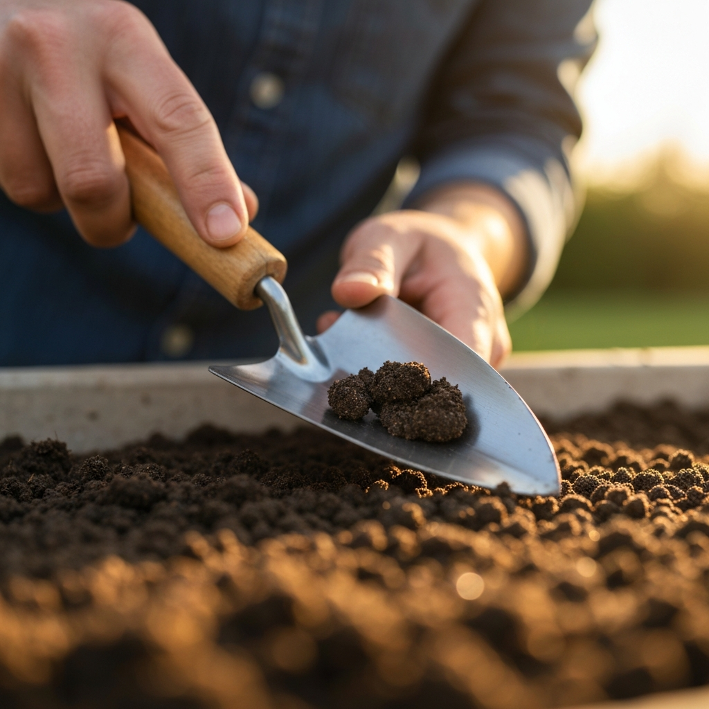 A close-up shot of soil being examined with a trowel in the hand of a gardener. Soft bokeh focuses on the soil texture, with golden hour lighting illuminating the granules. 