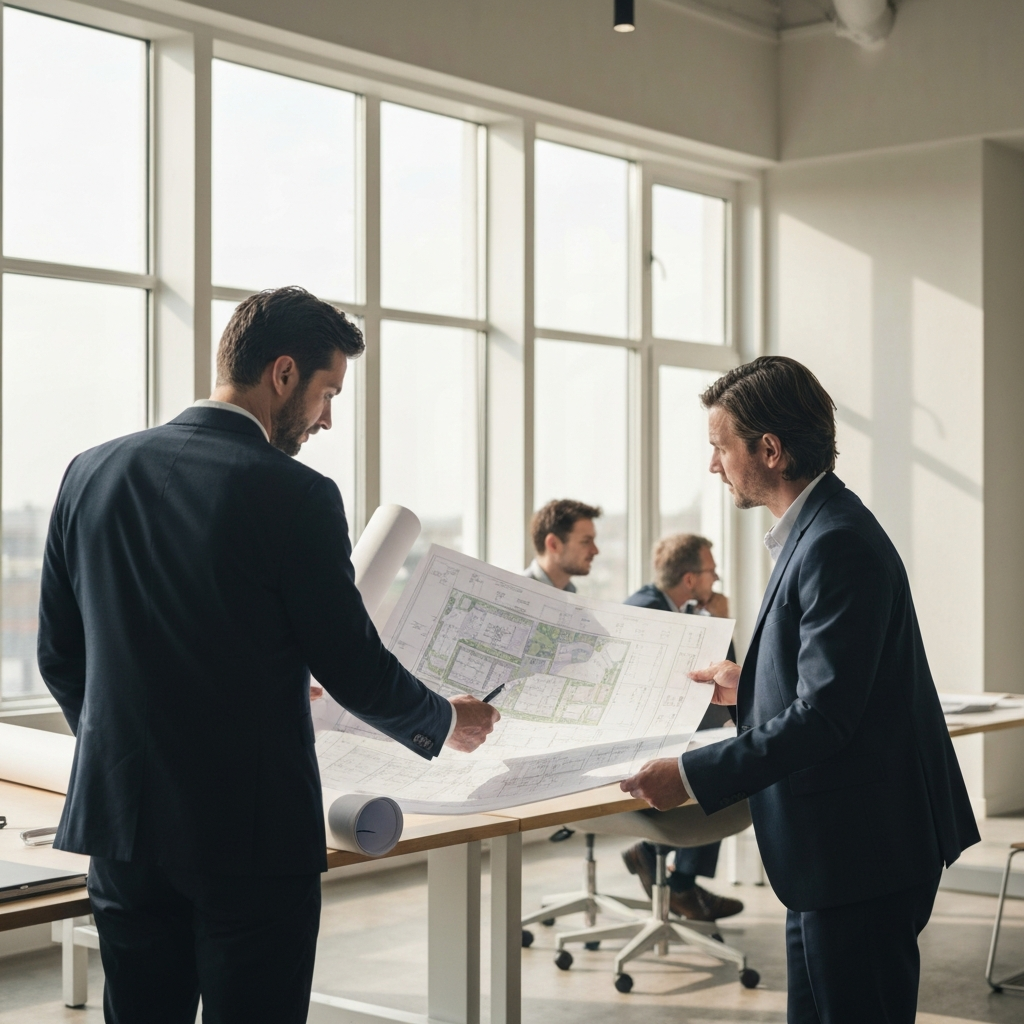 A landscape architect in a bright, open office, dressed in professional attire, reviewing blueprints with a client. The sunlight streams through the large windows, highlighting the details of the plans and creating a warm, inviting atmosphere.